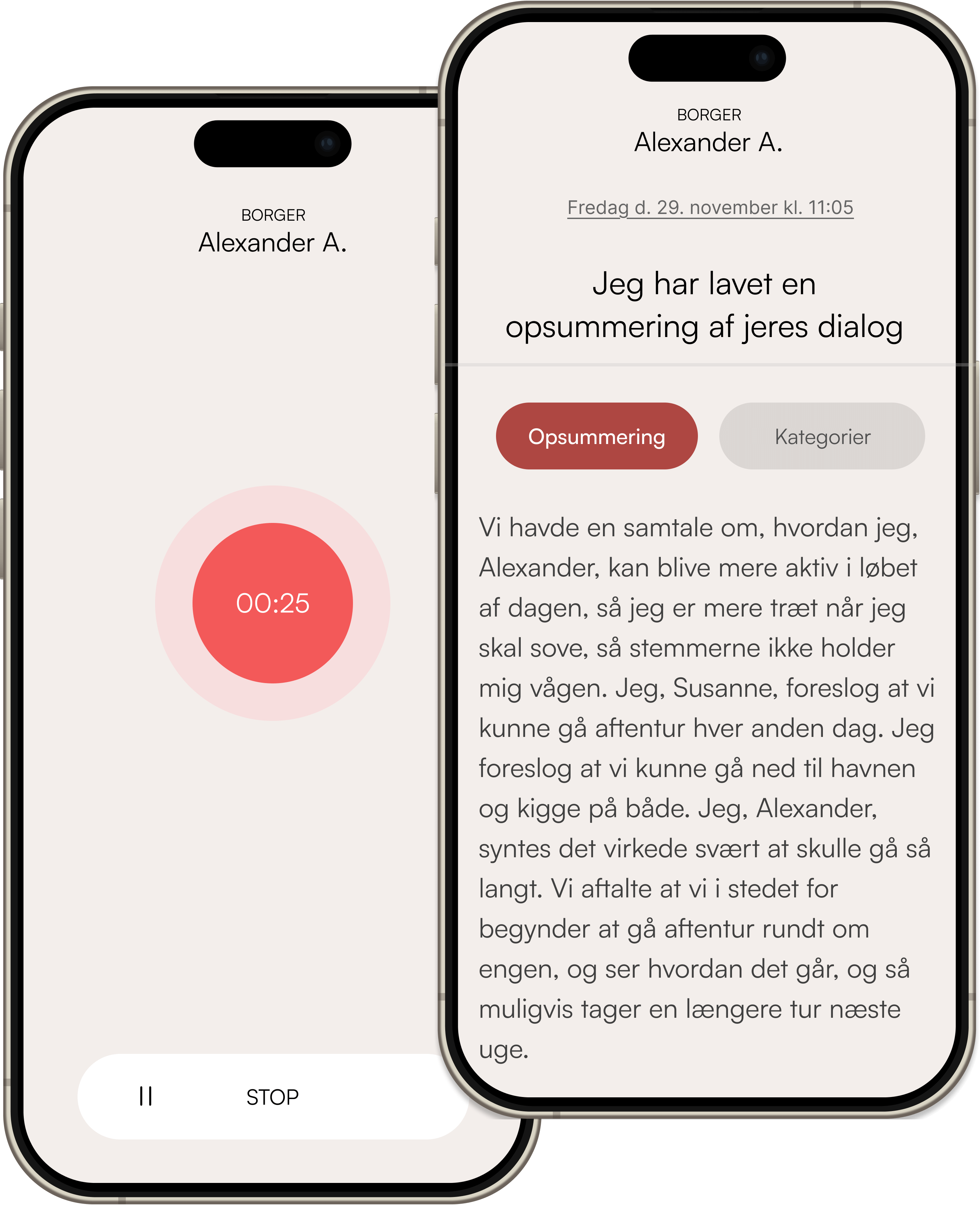 Kira app-grænsefladen viser samtaleoptagesfunktionen til dialogisk dokumentation med borgere
