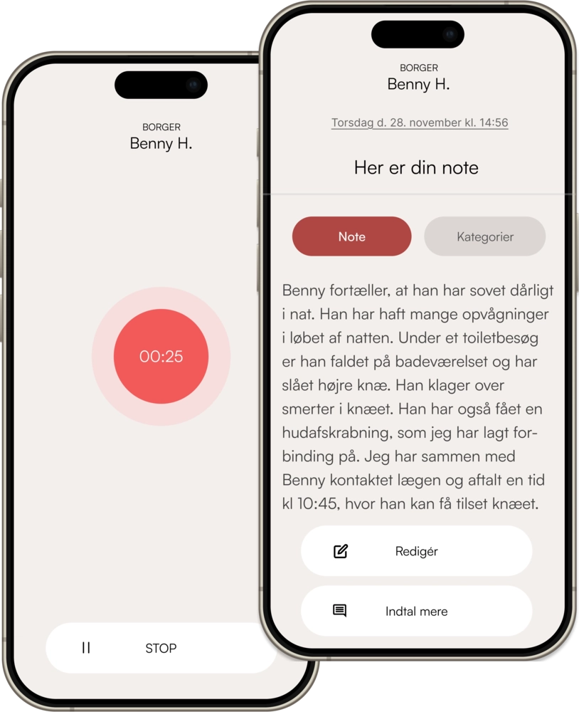 Kira app-grænsefladen viser stemmeoptagelsesfunktionen til hurtig dokumentation med indtaling