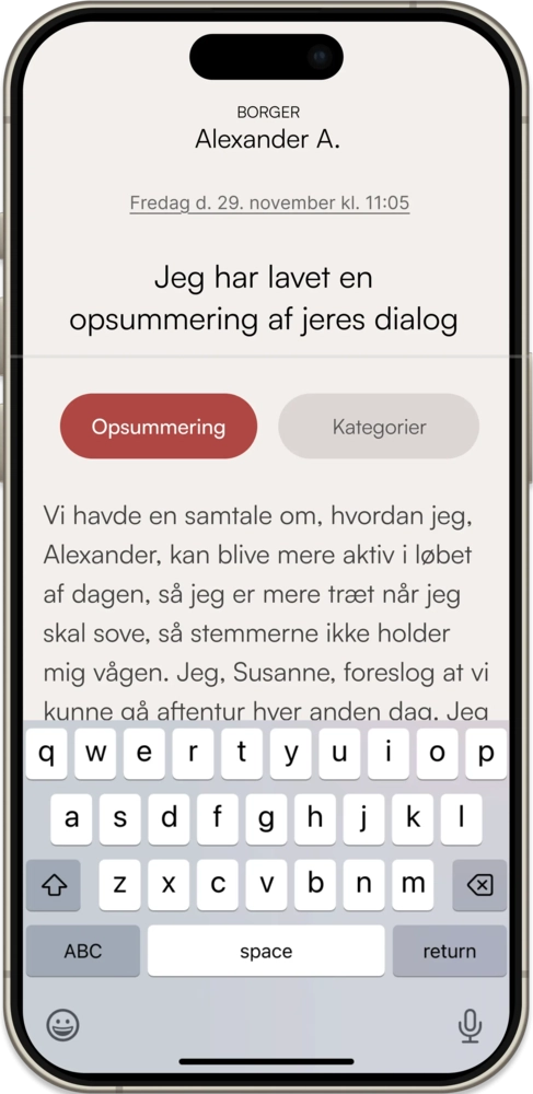 Kira redigeringsskærm hvor medarbejder og borger sammen kan tilpasse og godkende dokumentationen